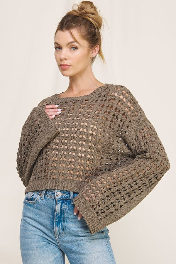 LONG FLARED SLEEVE OPEN WEAVE SWEATER