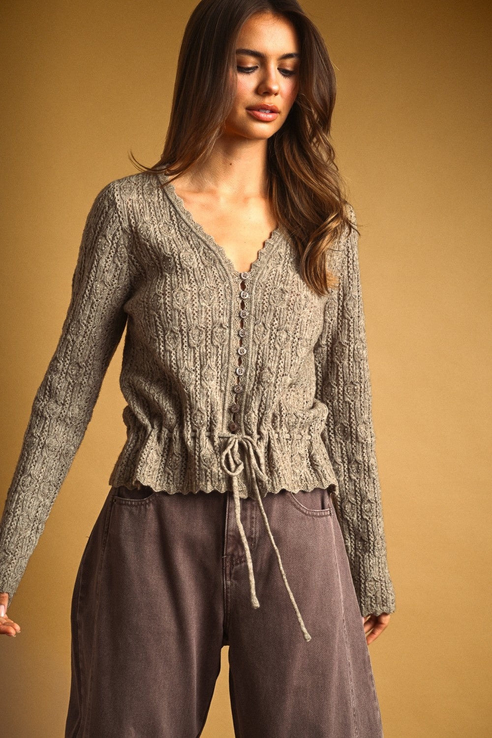 LACE KNIT WITH DRAWSTRING ON WAIST KNIT CARDIGAN