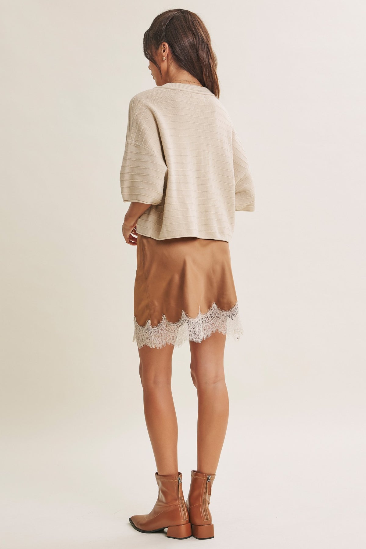 SUNLIT TERRACE COTTON TEXTURED STRIPE HALF SLEEVE SWEATER