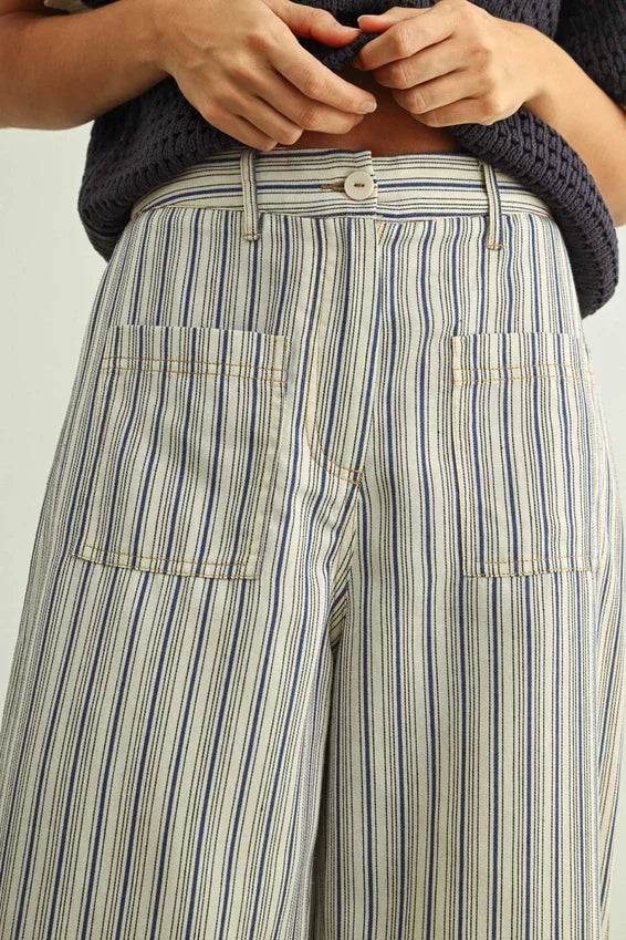 Stripe print pocket front pants in navy off-white stripes
