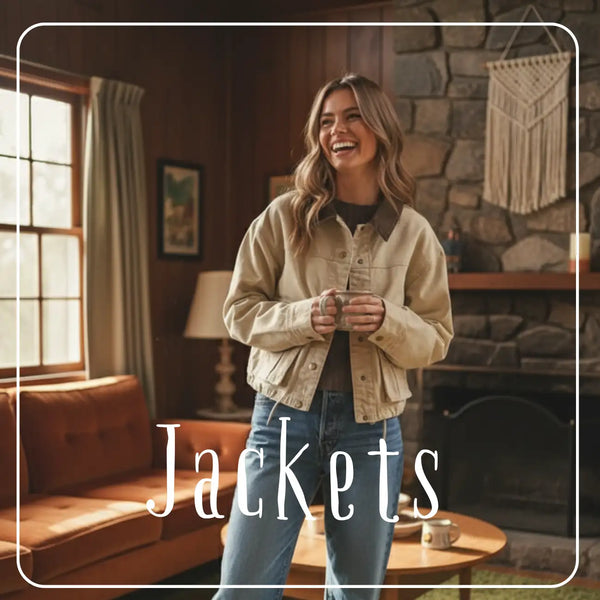 Beige corduroy jacket with button closure and pockets.