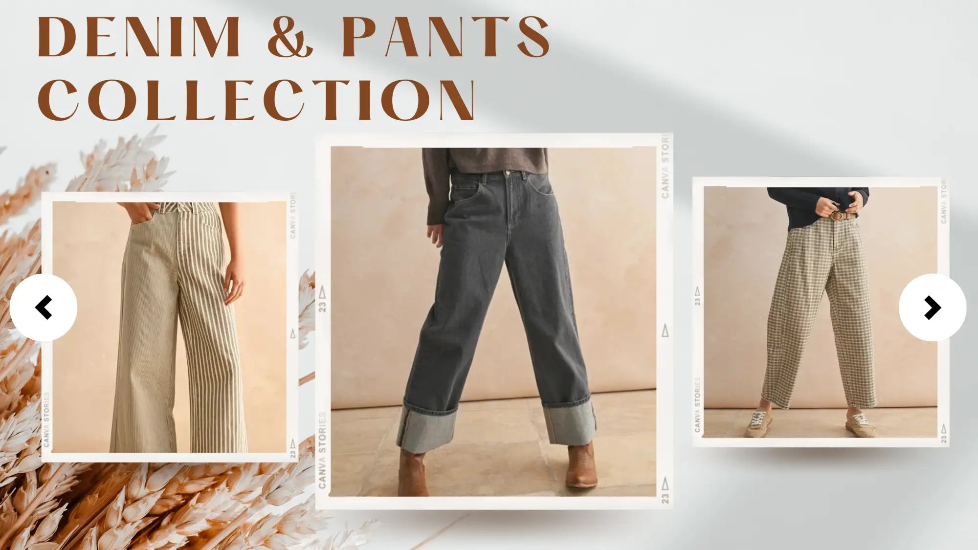Beige striped wide-leg jeans with rolled cuffs and high waist.