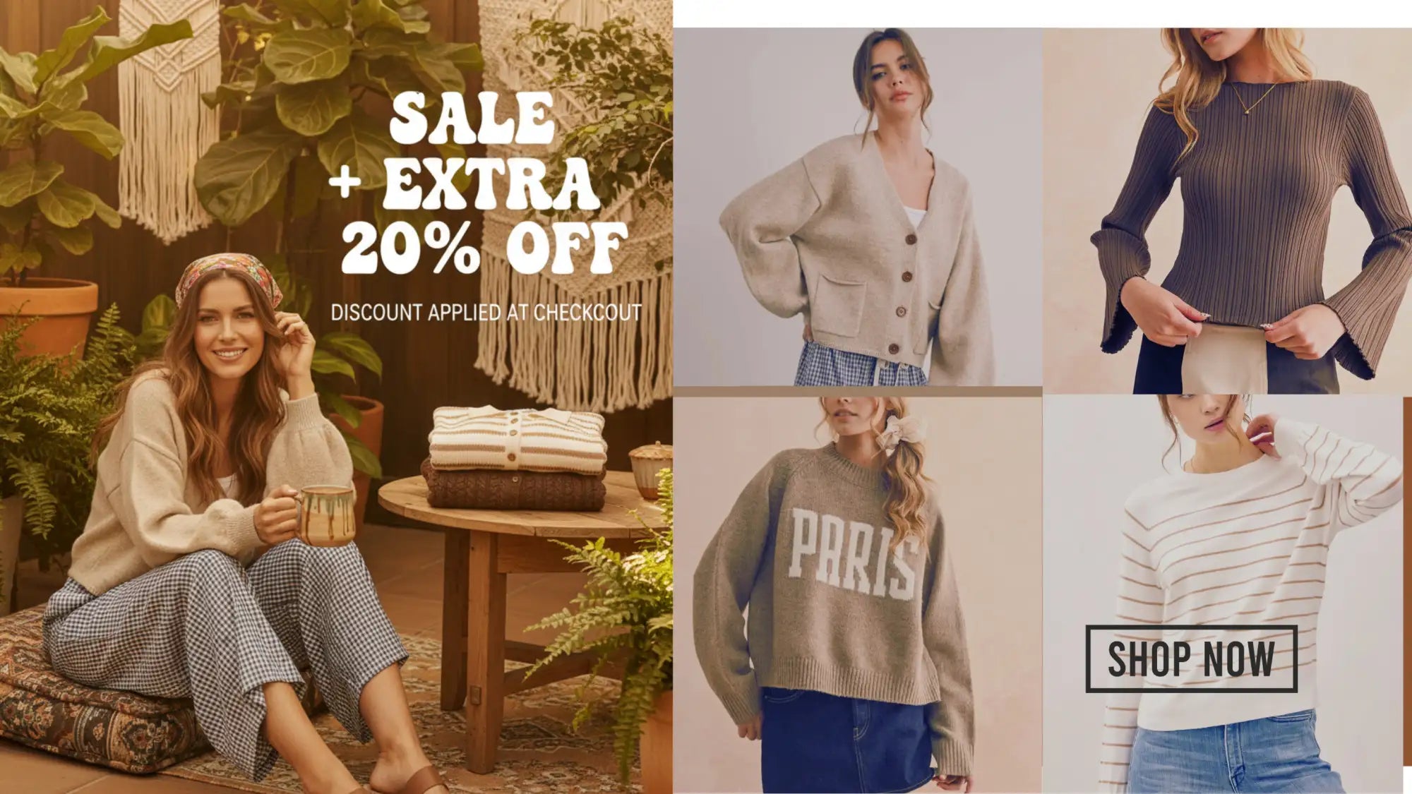 Beige and white striped sweater with bell sleeves.