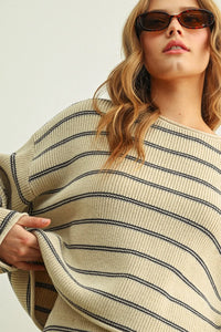 Beige and black striped pattern long sleeve sweater in ribbed knit with relaxed oversized fit for casual wear