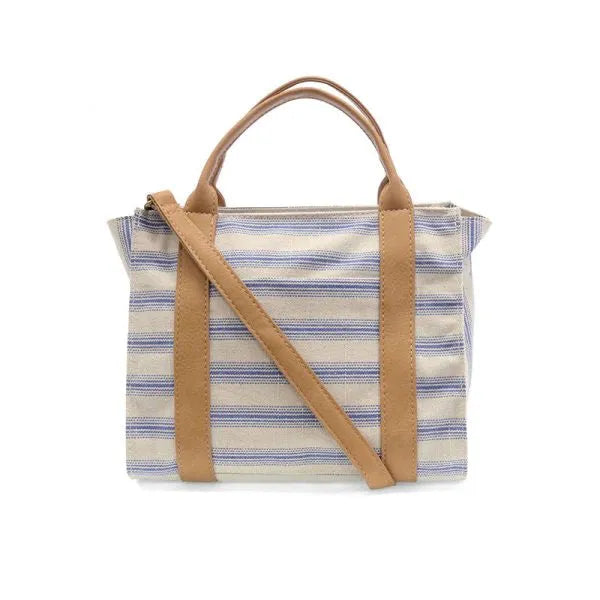 Beige and blue pencil stripe medium canvas tote bag with tan leather handles and matching shoulder strap