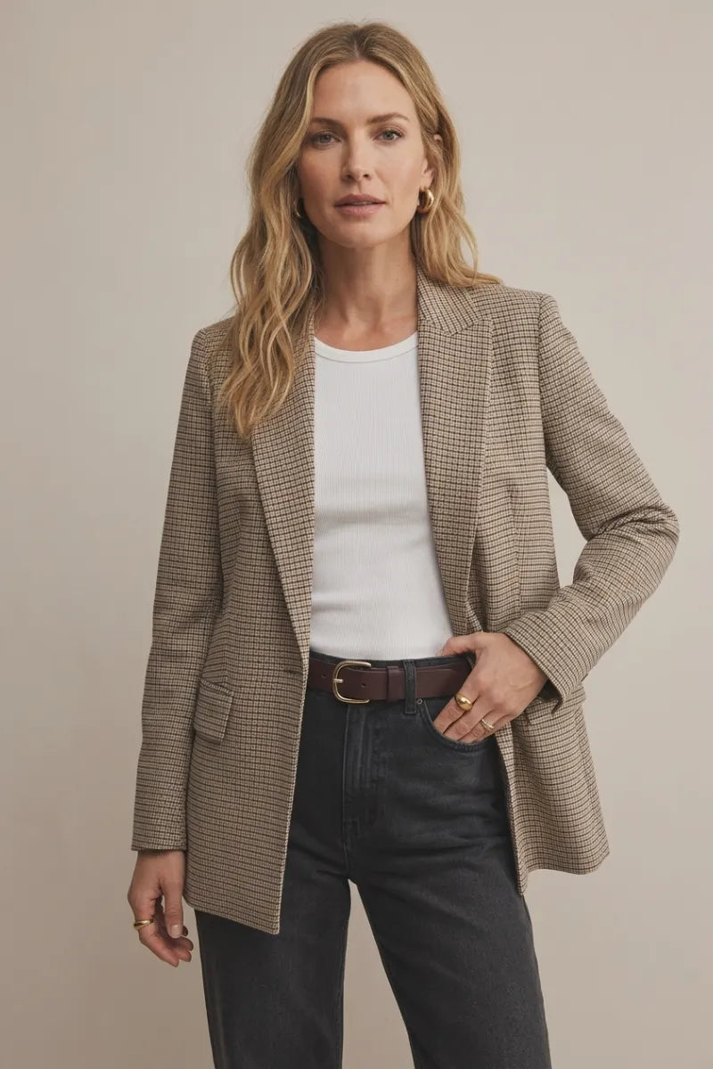Beige and brown checkered wool blend plaid elite blazer with a structured fit perfect for formal wear