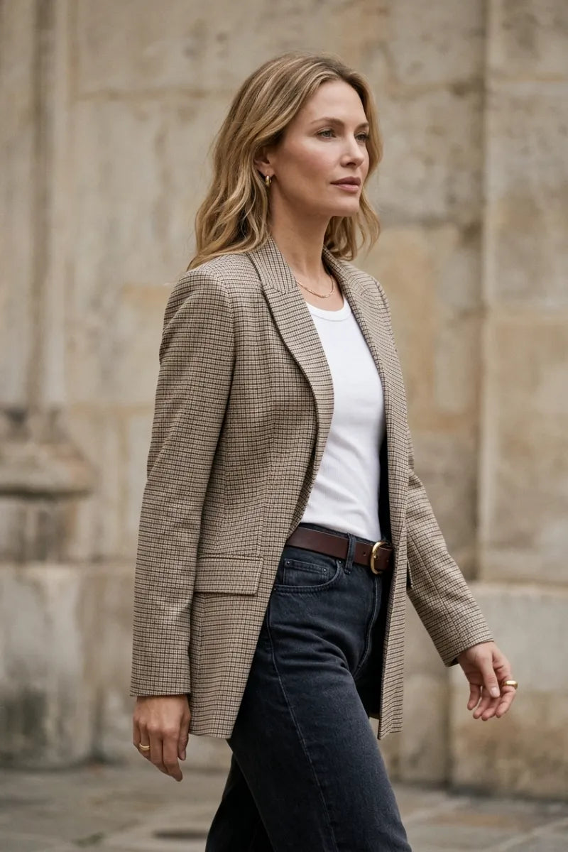 Beige and brown checkered structured fit plaid elite blazer worn over a white top for a polished look