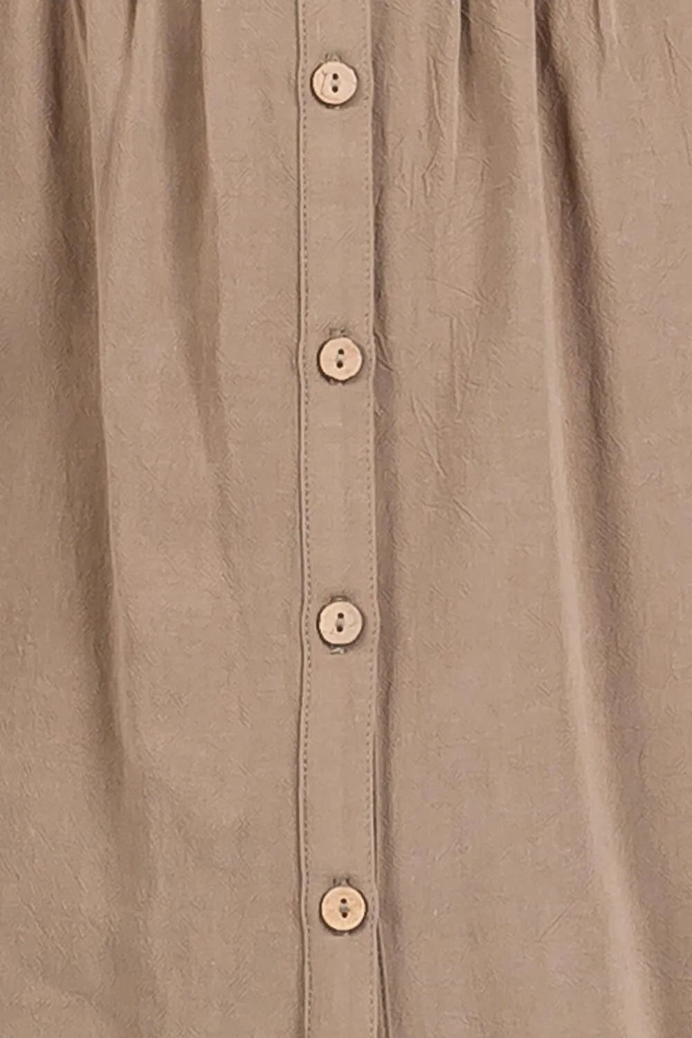 Beige pintuck detailed button shirt with subtle textured fabric and matching beige buttons for elegant wear