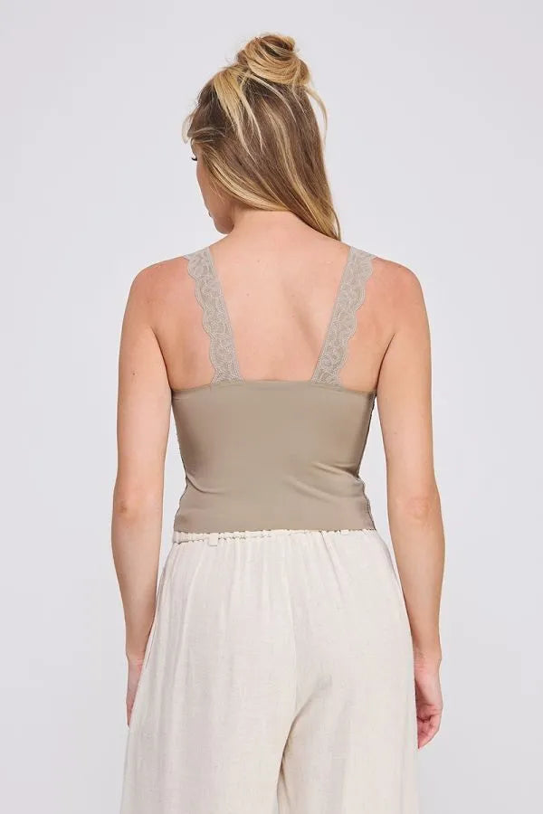 Beige bralette tank with delicate gray lace straps and a lovely scallop edge ruffled hem detail