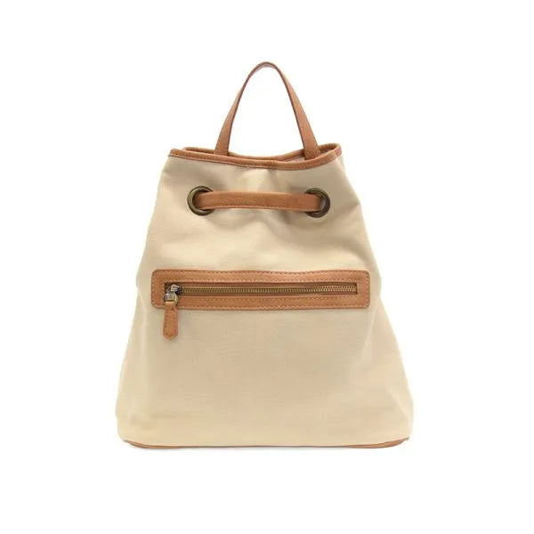 Memphis canvas backpack in beige canvas with tan leather handles and zipper trim for stylish everyday use