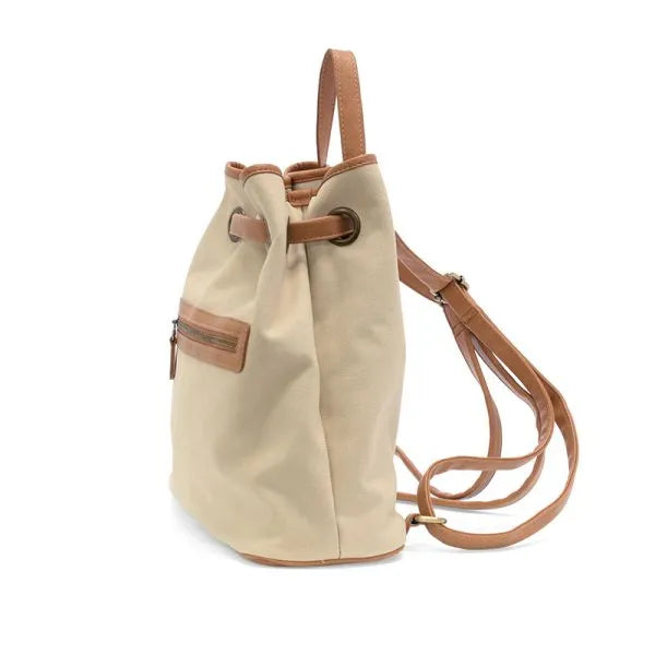 Beige memphis canvas backpack with tan leather accents and drawstring straps in durable canvas material