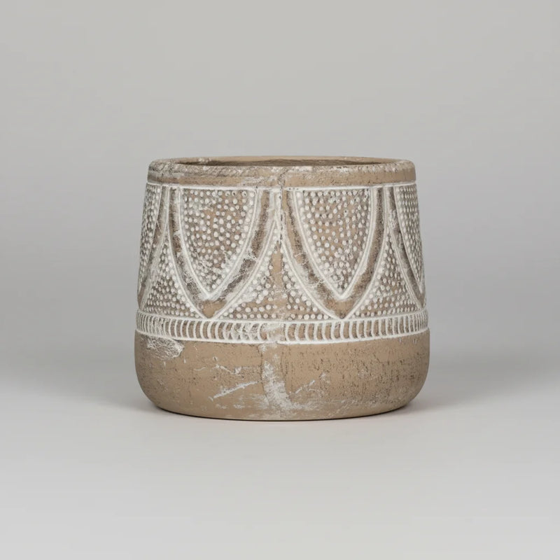 Boho embossed terracotta planter with beige textured finish