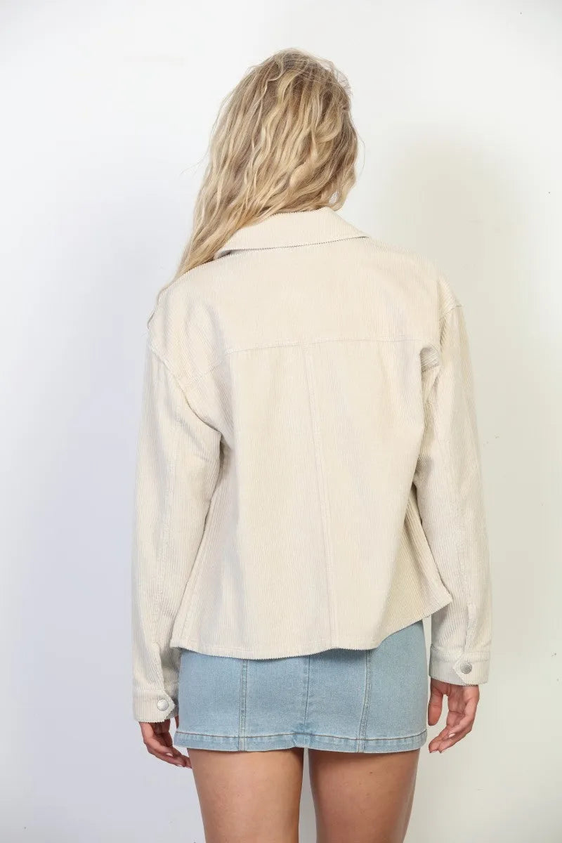 Beige garment washed corduroy chore jacket with a relaxed fit and classic collar in washed corduroy material