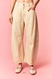 Beige and cream check wide-leg trousers with a relaxed silhouette in washed gingham printed twill barrel fabric