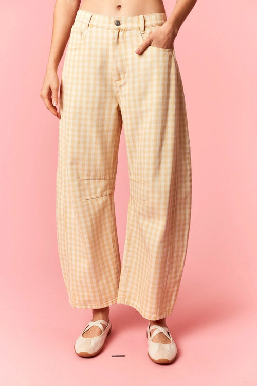 Beige and cream check wide-leg trousers with a relaxed silhouette in washed gingham printed twill barrel fabric