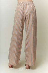 Beige and cream yarn dye stripe elastic pants with wide-leg relaxed fit perfect for casual wear