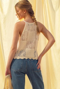 Beige Patch Work effect crochet tank with lace patterns and scalloped hem