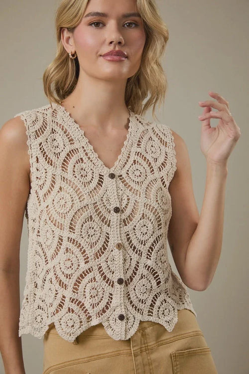 Beige sleeveless crochet vest with v-neck and button front