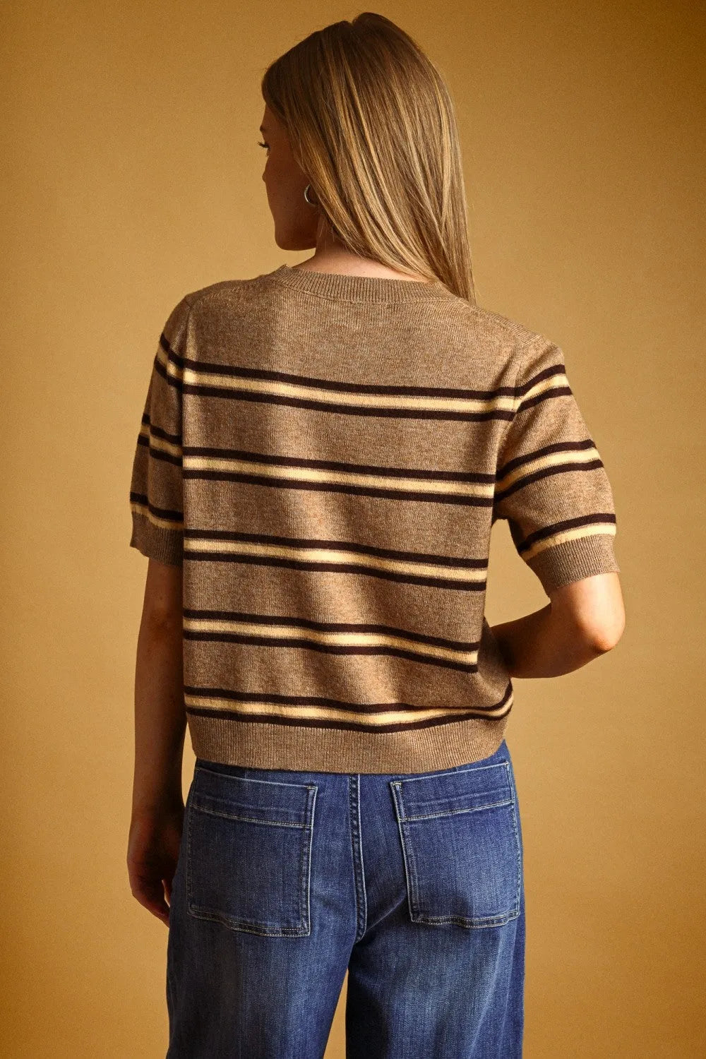 Beige and dark brown stripe pattern short sleeve knit top with ribbed neckline and cuffs in a soft knit fabric