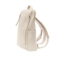 Beige faux leather raegan double zipper backpack with gold-tone zippers and adjustable straps for versatile use