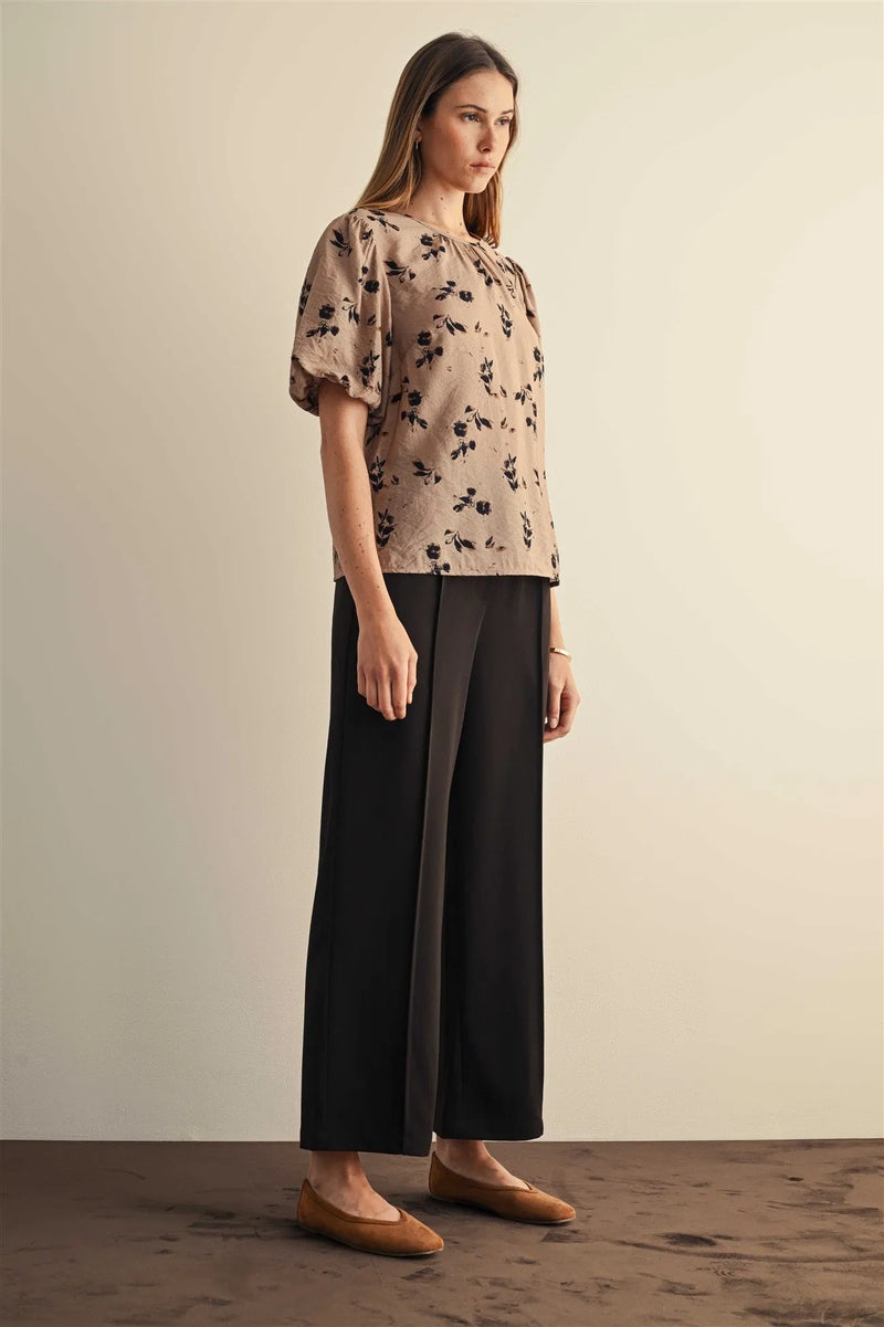 Beige flower print balloon sleeve blouse with short puffed sleeves and gathered neckline for elegant wear