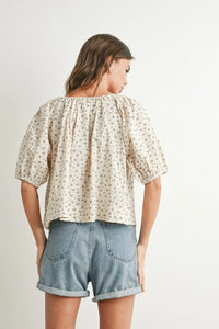 Beige floral puff sleeve blouse with gathered neckline