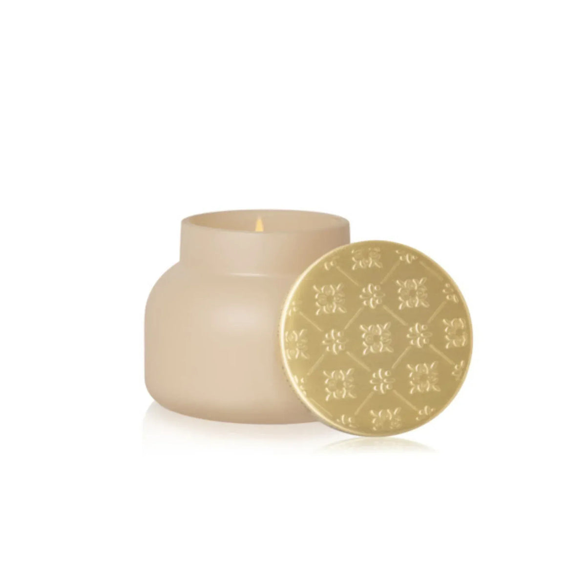 Beige frosted glass capri blue artisan terrazza velluto candle jar with gold-toned embossed floral lid 19 oz