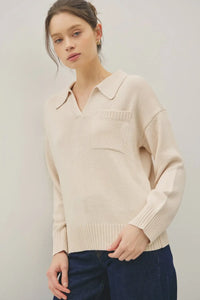 Beige drop shoulder henley collared sweater with ribbed cuffs
