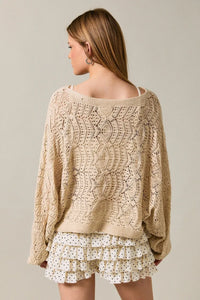 Beige long sleeve crochet light cardigan with intricate lace-like cable patterns and wide sleeves in knit fabric