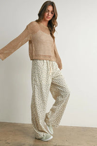 Elegant long sleeve see-through top in beige knitted openwork