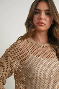 Elegant long sleeve see-through beige knitted mesh sweater