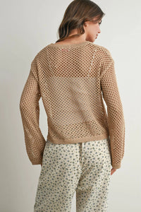 Elegant long sleeve see-through beige knitted sweater with mesh pattern and ribbed cuffs