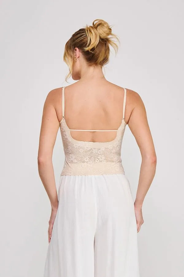 Beige padded floral laced camisole with delicate floral patterns and thin spaghetti straps for elegant layering
