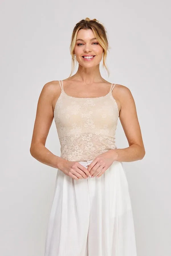 Beige padded floral laced bralette with delicate floral embroidery and thin spaghetti straps in lace material