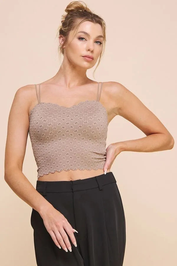 Beige lace bralette cami with laser cut scallop edge and delicate thin spaghetti straps for elegant layering