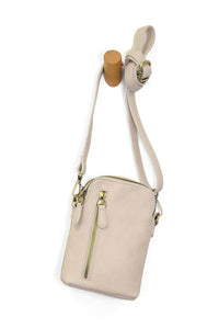 Beige leather jolene crossbody phone bag with gold-tone zipper and hardware featuring interior credit card slots