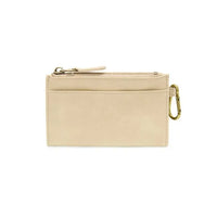 Beige leather bobbie bifold wallet with zipper closure and removable carabiner featuring joy susan logo