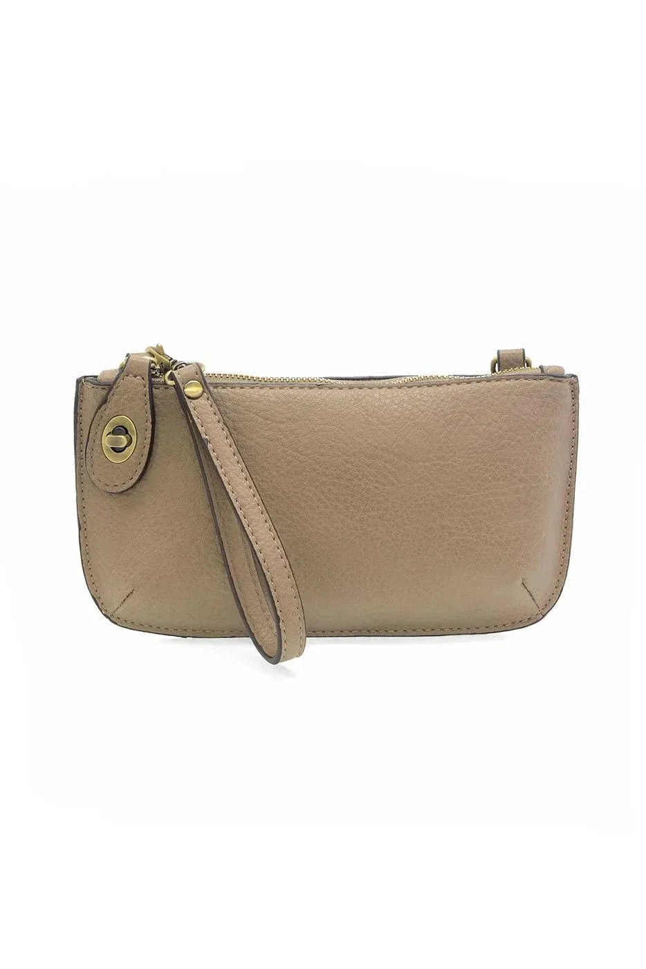 Beige leather mini crossbody wristlet clutch with gold-tone zipper circular clasp and card slots for women’s boho chic clothing
