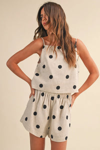 Beige polka dot linen short two-piece set featuring black circular patterns in breathable dot linen short fabric