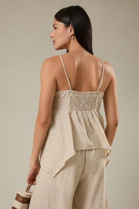 Beige linen sleeveless back smocking hanky hem top with thin straps and smocked waistband