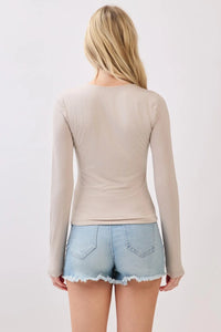 Beige layer v neck long sleeve basic top with fitted silhouette and round neckline perfect for layering