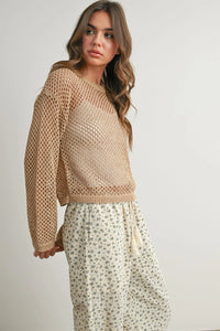 Elegant long sleeve see-through beige mesh knit sweater with relaxed fit and ribbed cuffs