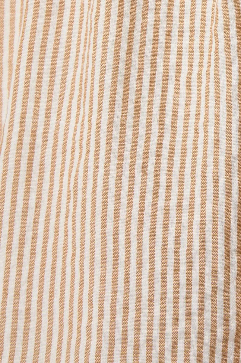Beige and off-white vertical striped linen fabric of a notch neck short sleeve mini dress