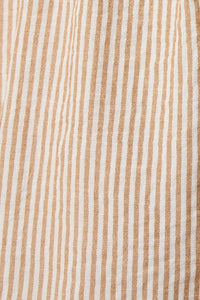 Beige and off-white vertical striped linen fabric of a notch neck short sleeve mini dress