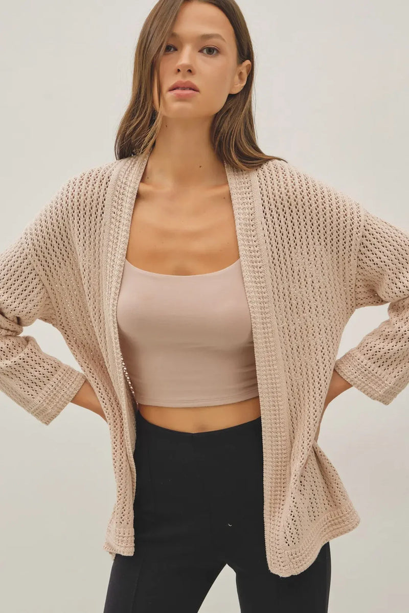 Beige fisherman open cardigan with loose crochet pattern