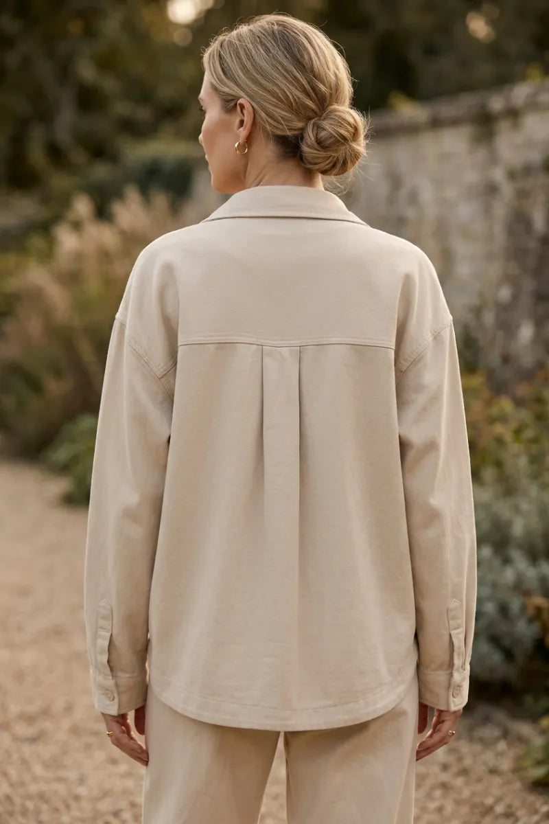 Beige oversized bay breeze twill jacket with relaxed fit and subtle pleats at the back for casual wear