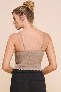 Beige ribbed lace bralette cami with laser cut scallop edge lace and delicate floral embroidery on the hem