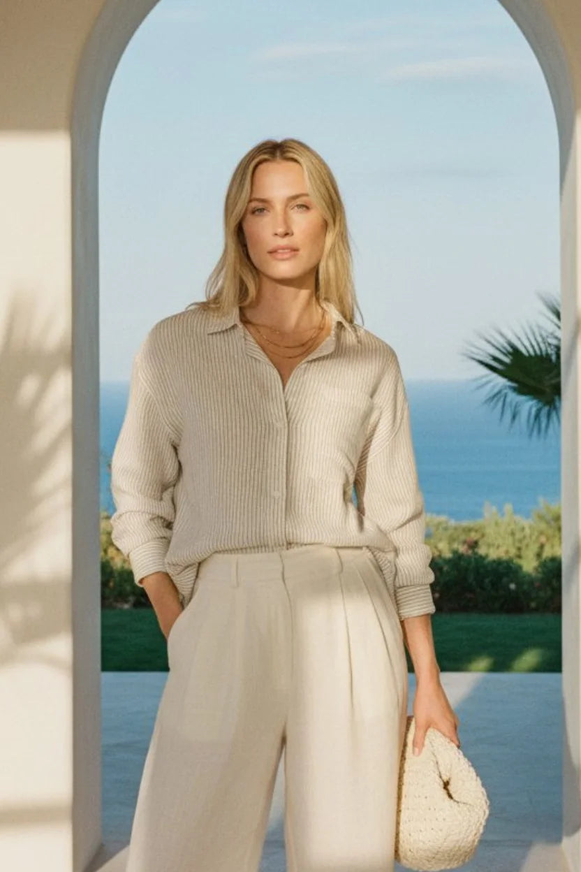 Del Mar striped shirt: beige ribbed cotton button-down with rolled sleeves