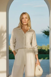 Del Mar striped shirt: beige ribbed cotton button-down with rolled sleeves