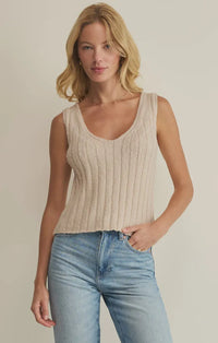 Beige ribbed knit acadia sweater tank top with scoop neckline in sleeveless sweater tank design
